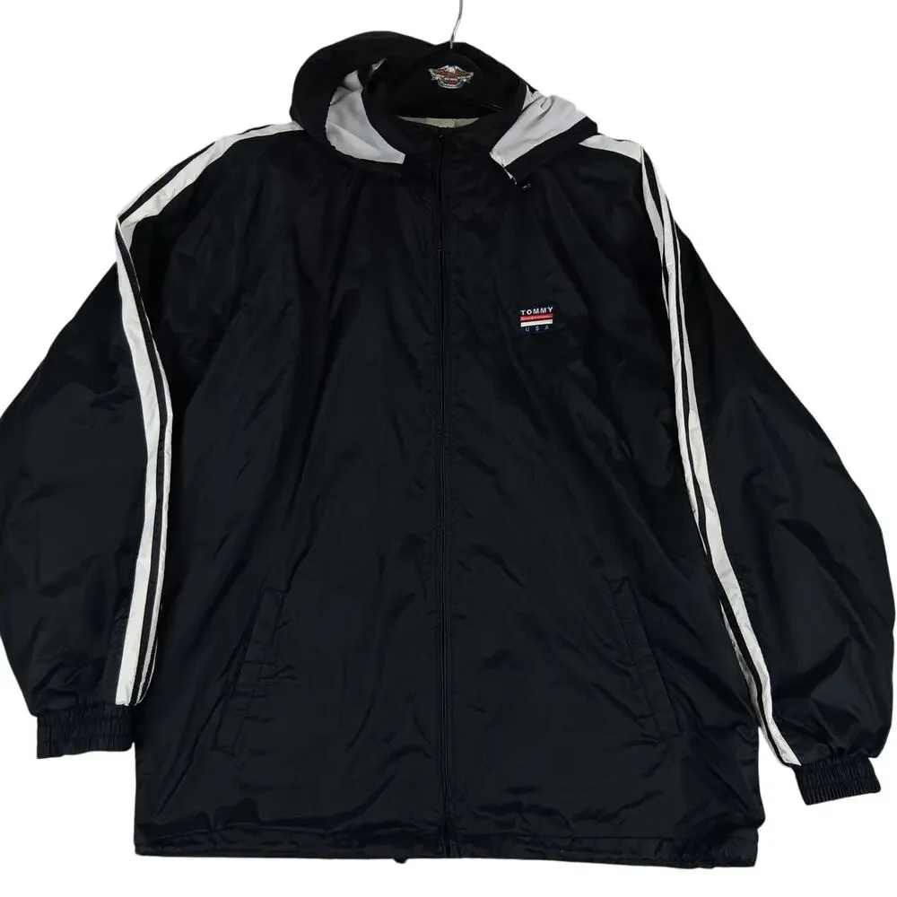 Vintage Tommy Hilfiger Windbreaker Mens XL Black Striped Pro Sport‎ Embroidered